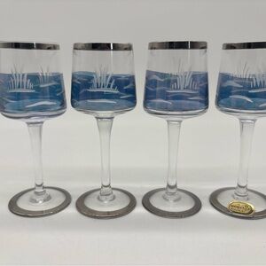 Vintage Set of 4 Bohemia Glam Shot Glasses Etched Purple/Blue with Silver 4.5”